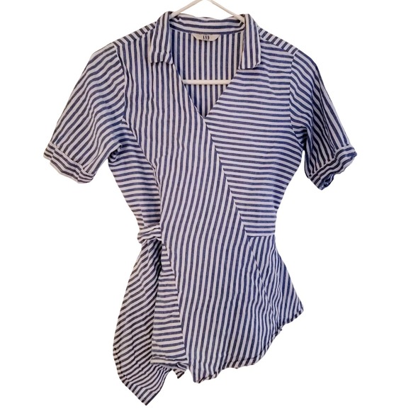 AND Tops - AND Small Striped Cotton WrapTop ShortSleeve TieWaist Blouse Collar Asymmetrical